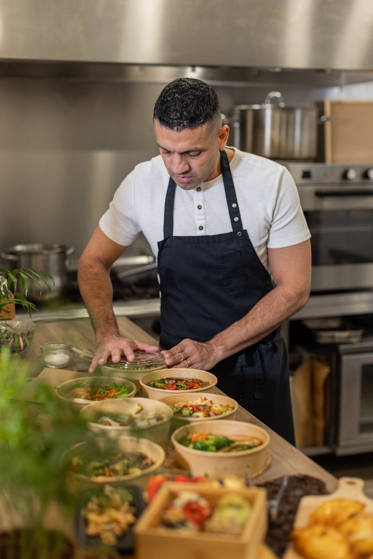 A chef in a black apron carefully prepares and packs takeaway meals in eco-friendly bowls in a professional kitchen