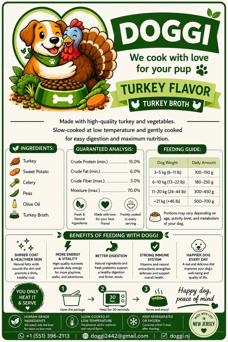 DOGGI dog food packaging with chicken flavor, nutritional information, and feeding guide for different dog sizes