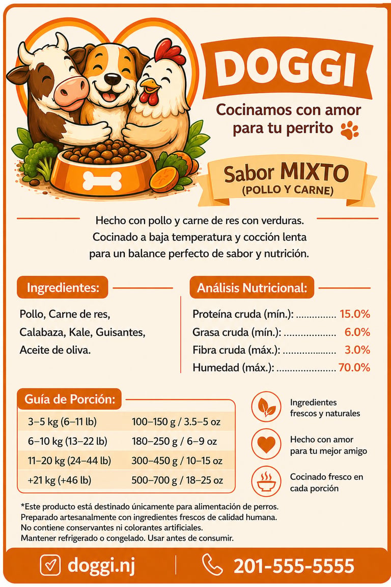 Doggi dog food package with mixed chicken and beef flavor, featuring nutritional information and feeding guidelines