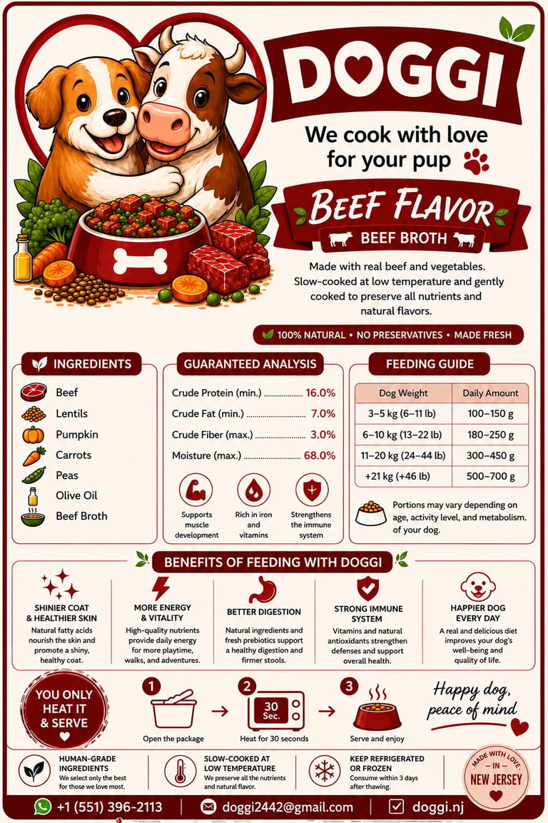 DOGGI dog food package label with meat flavor, ingredients list, nutritional information and serving guide for dogs