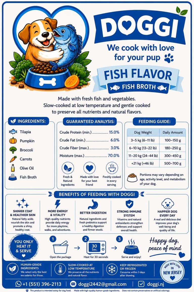 DOGGI dog food label with fish flavor, featuring a happy dog and fish in a blue bowl, ingredients list, and nutritional information