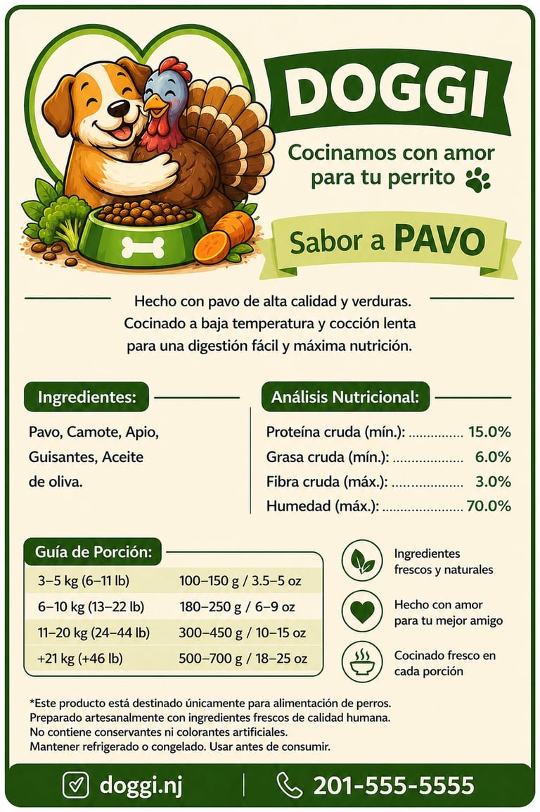 DOGGI dog food packaging with chicken flavor, nutritional information, and feeding guide for different dog sizes