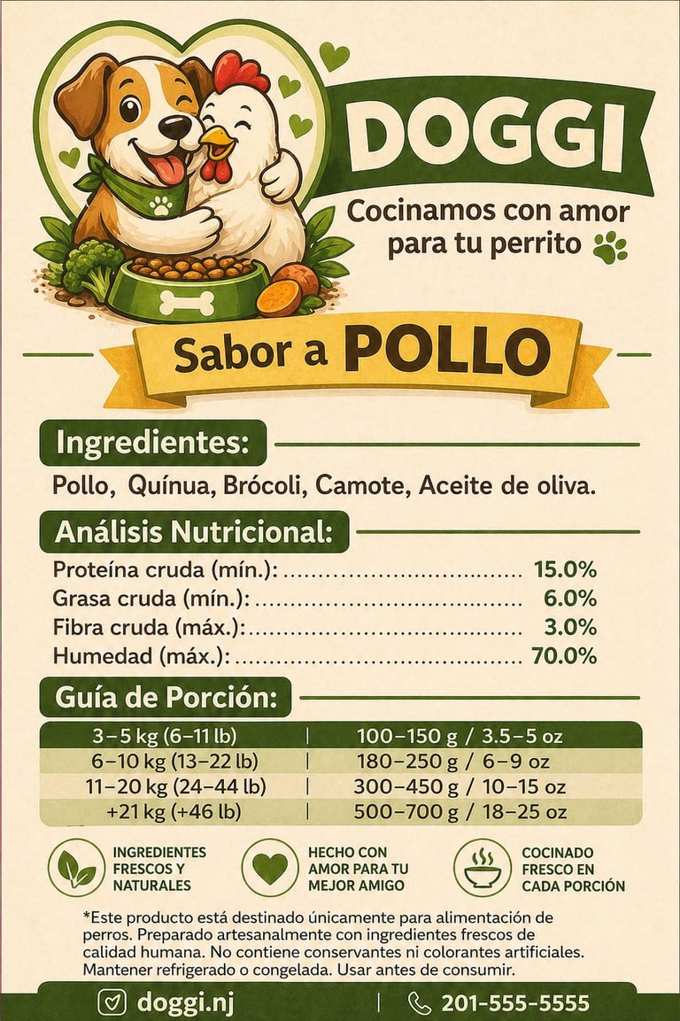 DOGGI chicken flavored dog food packaging with ingredients, nutritional info, and portion guide for dogs of various weights