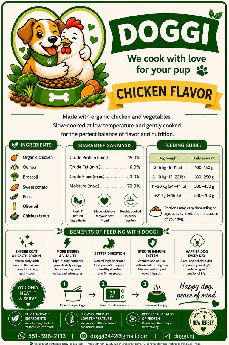 DOGGI chicken flavored dog food packaging with ingredients, nutritional info, and portion guide for dogs of various weights