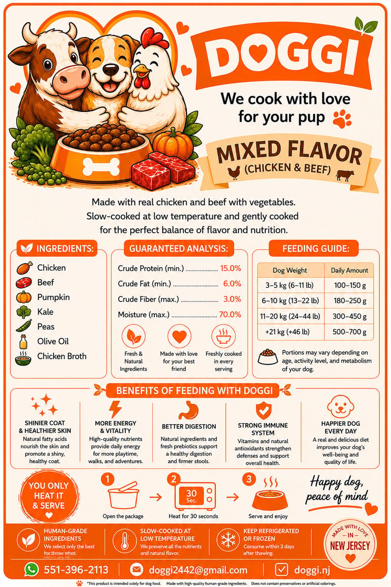Doggi dog food package with mixed chicken and beef flavor, featuring nutritional information and feeding guidelines