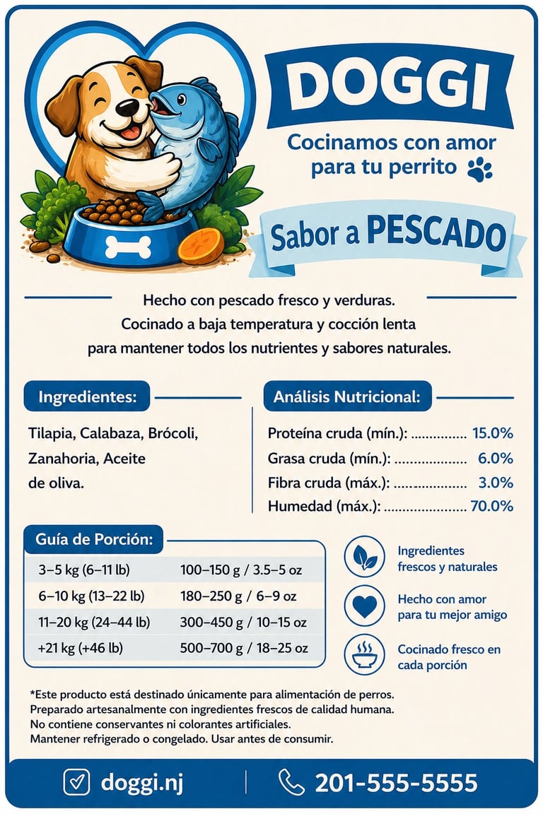 DOGGI dog food label with fish flavor, featuring a happy dog and fish in a blue bowl, ingredients list, and nutritional information