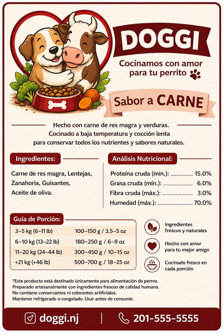 DOGGI dog food package label with meat flavor, ingredients list, nutritional information and serving guide for dogs